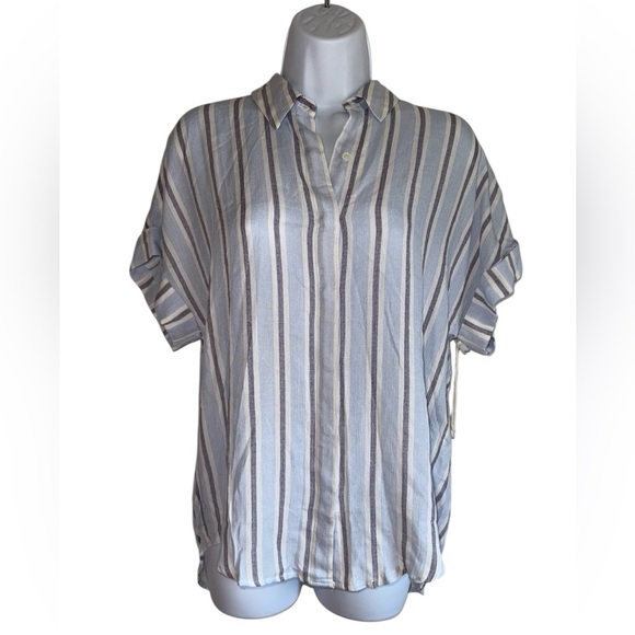 NWT -Lumiere Navy Blue Oversized Stripe Button Down Shirt Size Small - Picture 4 of 5